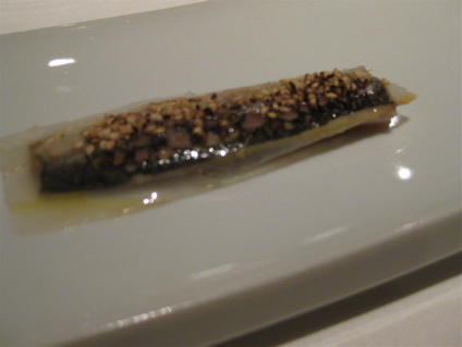 grilled sardine with pancetta "film" and sesame seeds